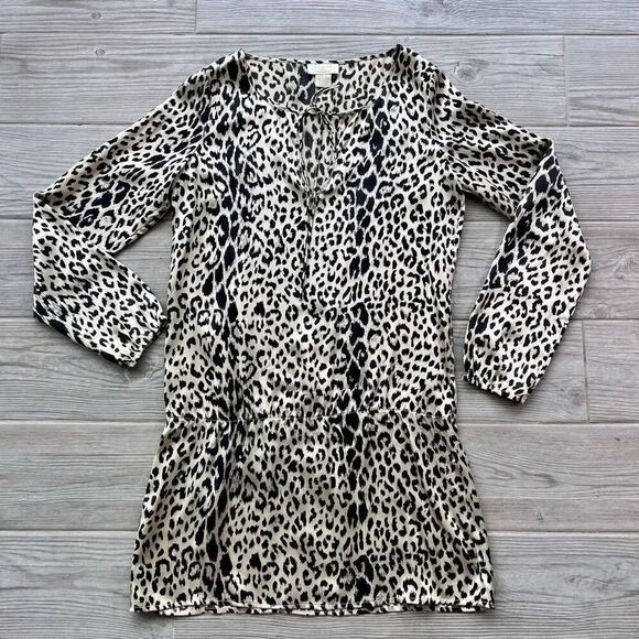 Scoop NYC Beach Womens Tan Black Leopard Print Silk Long sleeve Dress Size Small - Picture 1 of 8